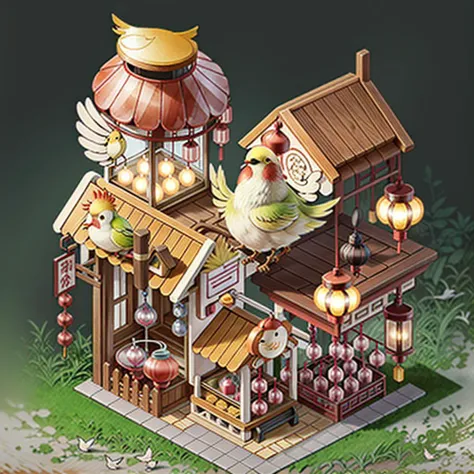 game icon institute, game icon, Qjianzhu,Kiosk Lantern Chinese Style Wooden House Early Spring Birds white background <lora:game icon institute_Qjianzhu_1:1>