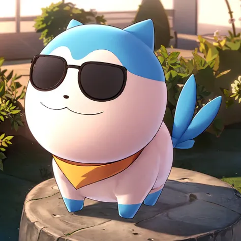 masterpiece, best quality, sommie, no_humans, animal_ears, pokemon_(creature), yellow_scarf, sunglasses, closed_mouth, smile, blue tail, <lora:sommie:1>