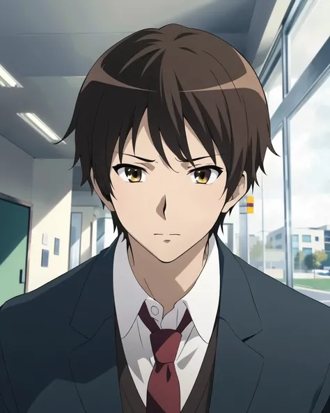<lora:kyoani_haruhi_style_offset:1> kyoani haruhi style, 1boy, solo, male focus, necktie, kita high school uniform, shirt, brown hair, school uniform, red necktie, closed mouth, white shirt, short hair, collared shirt, green jacket, upper body, jacket, bangs, blazer, indoors, vest, parody, facing viewer, ((masterpiece))