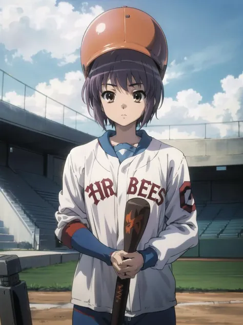 <lora:kyoani_haruhi_style_offset:1> ,kyoani haruhi style, 1girl, solo, yuki nagato, short hair, purple hair, bangs, brown eyes, anime coloring, ((masterpiece)), <lora:nagato_yuki_v10:0.65> , <lora:Velvia1:0.15> ,blue baseball helmet, baseball bat, holding baseball bat, stadium, long sleeves,blue gym suit
