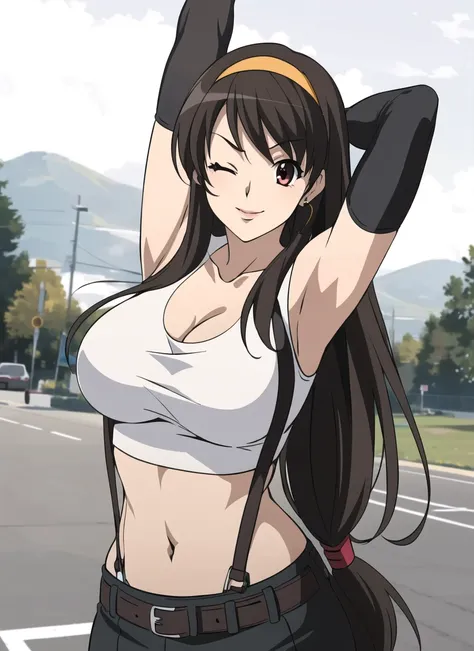 codeGeass <lora:codeGeass_offset:1>, tifa lockhart, 1girl, thick lips, arm up, armpits, artist name, belt, black hair, breasts, brown eyes, cleavage, closed mouth, collarbone, cowboy shot, crop top, earrings, elbow gloves, elbow pads, gloves, jewelry, large breasts, lips, long hair, low-tied long hair, midriff, navel, one eye closed, outdoors, skirt, smile, solo, stomach, suspenders, tank top, upper body, ((masterpiece)) <lora:tifa_lockhart_offset:0.4>