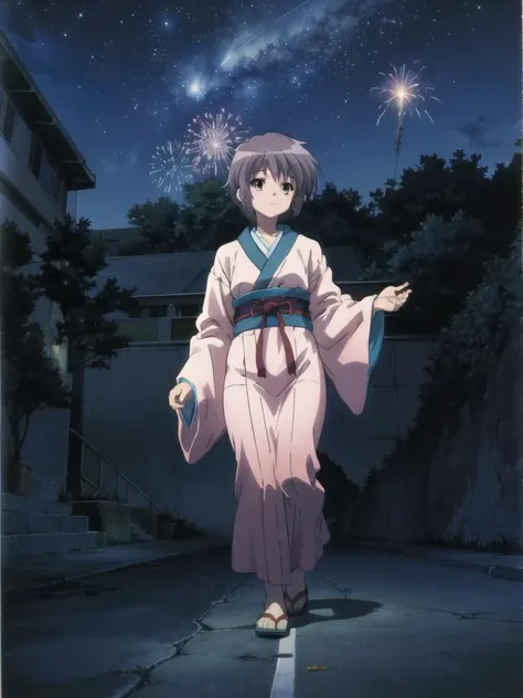 <lora:kyoani_haruhi_style_offset:1> ,kyoani haruhi style, 1girl, solo, yuki nagato, short hair, purple hair, bangs, brown eyes, anime coloring, ((masterpiece)), <lora:nagato_yuki_v10:0.65> , <lora:Velvia1:0.15> ,white shirt, denim shorts, sneakers, bare legs, telescope, summer, park
