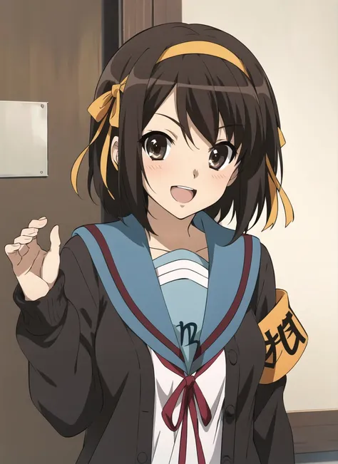 <lora:kyoani_haruhi_style_offset:1> kyoani haruhi style, 1girl, solo, kita high school uniform, sailor collar, school uniform, blue sailor collar, brown hair, serafuku, cardigan, brown eyes, medium hair, armband, ribbon, hairband, open mouth, open cardigan, parody, hair ribbon, orange hairband, brown cardigan, smile, open clothes, short hair, ((masterpiece))