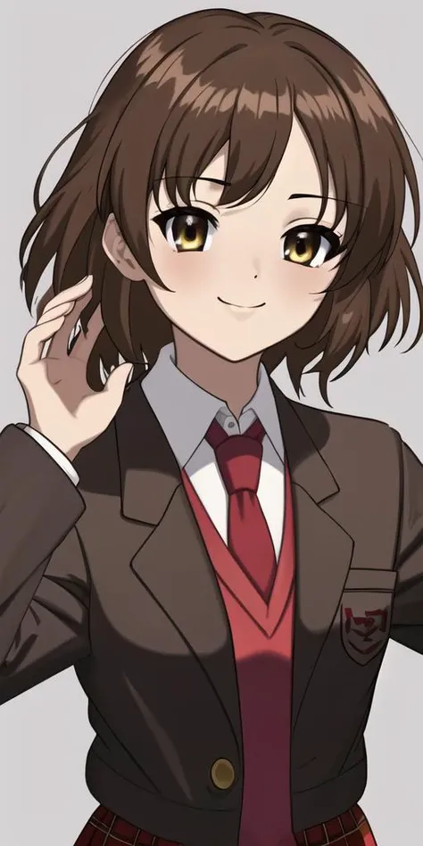 masterpiece, best quality, 1girl, solo, looking at viewer, smile, short hair, bangs, simple background, brown hair, shirt, brown eyes, school uniform, jacket, white shirt, upper body only, red, plaid skirt, close up, necktie, collared shirt, blazer, red necktie, dark brown jacket, outdoors, dense white fog, looking at viewer, <lora:negative_hand-neg:0.8> , negative_hand, <lora:kyoani_haruhi_style_offset:0.6> , kyoani haruhi style, <lora:sasaki_hs:0.7> , sasaki_hs, absurdres, persistent stare, standing, focus