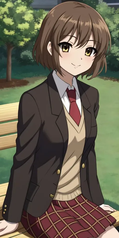 masterpiece, best quality, 1girl, solo, looking at viewer, smile, short hair, bangs, simple background, brown hair, shirt, brown eyes, school uniform, jacket, white shirt, upper body only, red, plaid skirt, close up, necktie, collared shirt, blazer, red necktie, dark brown jacket, sitting down on a wooden park bench, outdoors, summer, looking at viewer, <lora:negative_hand-neg:0.8> , negative_hand, <lora:kyoani_haruhi_style_offset:0.6> , kyoani haruhi style, <lora:sasaki_hs:0.7> , sasaki_hs, absurdres, persistent stare