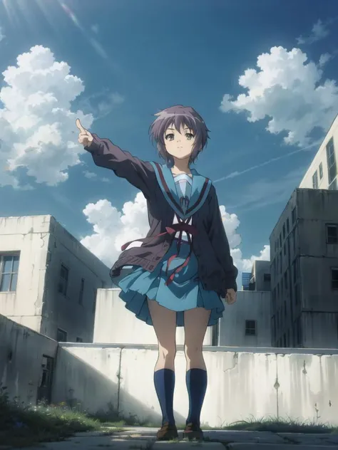 <lora:kyoani_haruhi_style_offset:1> ,kyoani haruhi style, 1girl, solo, yuki nagato, kita high school uniform, short hair, school uniform, blue sailor collar, sailor collar, serafuku, cardigan, purple hair, bangs, brown eyes, anime coloring, ((masterpiece)), <lora:nagato_yuki_v10:0.65> , <lora:Velvia1:0.15> ,rooftop, looking up, looking afar, looking at sky, beautiful blue sky, (wind), full body, from below, windy, pointing up,