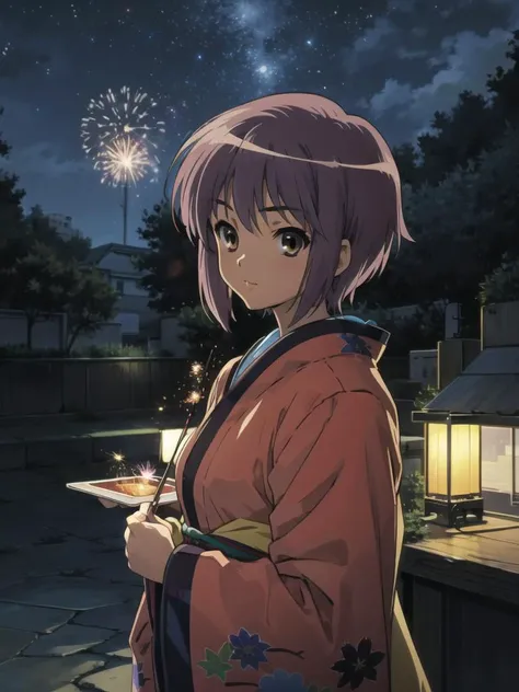 <lora:kyoani_haruhi_style_offset:1> ,kyoani haruhi style, 1girl, solo, yuki nagato, short hair, purple hair, bangs, brown eyes, anime coloring, ((masterpiece)), <lora:nagato_yuki_v10:0.65> , <lora:Velvia1:0.15> ,matsuri, ceremony, festival, kimono, fireworks, night, night sky