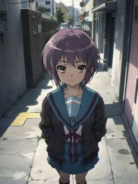 <lora:kyoani_haruhi_style_offset:1> kyoani haruhi style, 1girl, solo, yuki nagato, kita high school uniform, short hair, school uniform, blue sailor collar, sailor collar, serafuku, purple hair, cardigan, bangs, brown eyes, anime coloring, ((masterpiece)),  <lora:nagato_yuki_v10:0.65> , street, <lora:Velvia1:0.15> , looking at viewer,:|, assault rifle, pov, ufo,