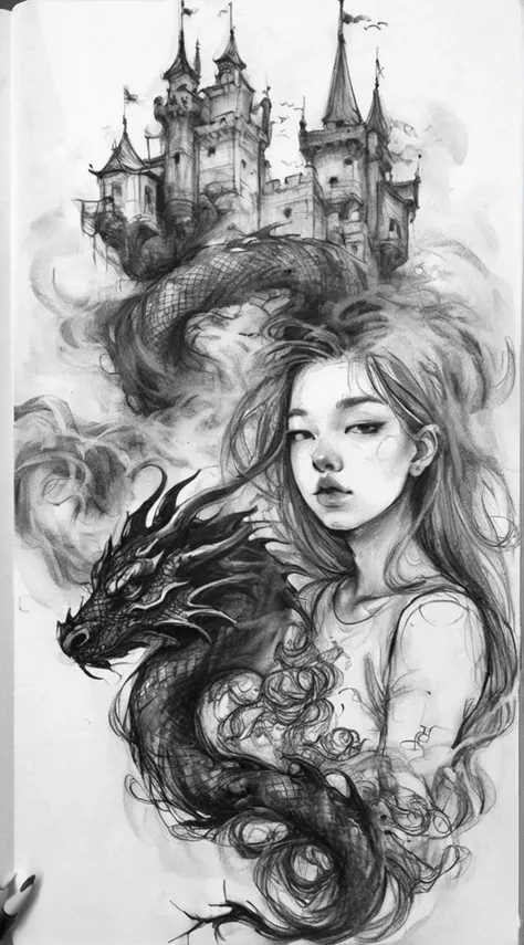 visiblend girl and dragon of the castle, black ink<lora:visiblend:0.8>