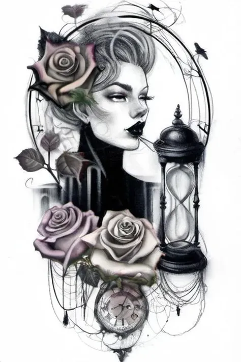 visiblend, black ink, goth girl, ivy, roses, hourglass in the background <lora:visiblend:1>