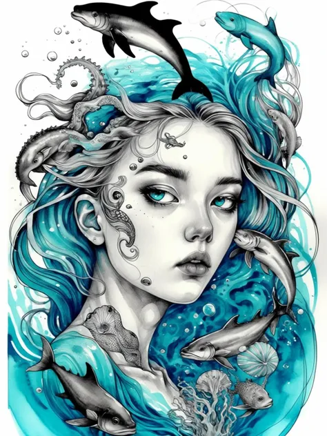 visiblend  seapunk, black ink, sea creatures around stylized girl, blue cyan, detailed, surreal, abstract, <lora:visiblend:0.8>