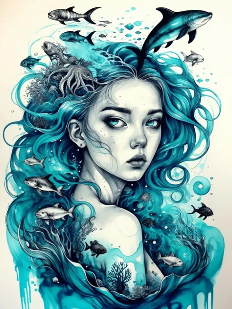 visiblend seapunk, black ink, sea creatures around stylized girl, blue cyan, detailed, surreal, abstract, <lora:visiblend:0.8>