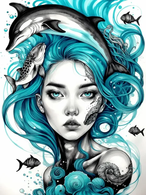 visiblend seapunk, black ink, sea creatures around stylized girl, blue cyan, detailed, surreal, abstract, <lora:visiblend:0.8>