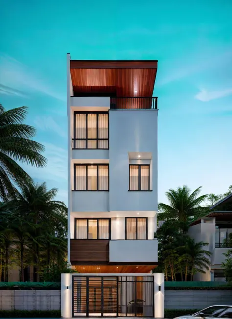 RAW photo, outdoor, (residential architecture exterior:1.3), 1 house architecture, (elegant), Singapore tropical modern house style, white wall and glass and rock and black steel and wood, (Luxury home with exquisite finishing:1.3), (wood),Beautiful tropical garden, warm yellow light in the interior, dark night sky, (high detailed:1.2), (Evening environment with warm dominant interior lighting), 8k uhd, dslr, soft lighting, high quality, film grain, Fujifilm XT3   <lora:Townhouse:0.6>