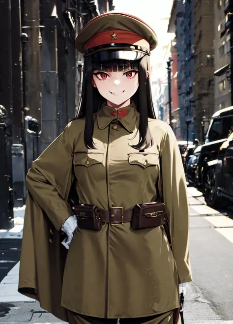 masterpiece, best quality, absurdres, high resolution, extremely detailed, 1girl, solo, cowboy shot, ((IJA Taisho, khaki uniform, IJA officer,)), IJA peaked cap,cloak,black long boots, hand on hip,small breasts, narrow waist, black hair, long hair, hime cut, blunt bangs, red eyes, smug,evil smile, <lora:IJAuniform-v1:0.9>, white gloves, holster, khaki pants, leather belt pouch, ruined city, ruined street, on fire, night sky,