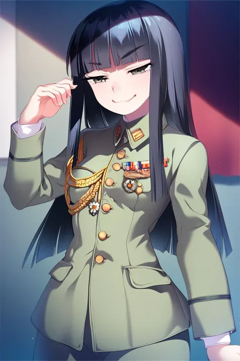 score_9,score_8_up,score_7_up,artbook,game cg,1girl,solo,cowboy shot,oval face,narrowed_eyes,indoors,courtroom,((IJA Showa, IJA officer, light green uniform, golden sling,general staff, )),small breasts,black hair,long hair,blunt bangs,hime cut,smug,pants,<lora:Koume_Keito_PonyXL_dim32:0.8:lbw=0.8,0,0,0,0,0,0.8,0.8,0.8,0.8,0.8,0.75>,<lora:IJAuniformXLv1:1>,