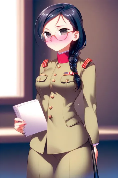 score_9,score_8_up,score_7_up,artbook,game cg,1girl,solo,cowboy shot,((IJA Taisho, khaki uniform, IJA officer, )),holding book,belt,medium breasts,breasts,narrow waist,black hair,single braid,black eyes,round eyewear,glasses,full-face blush,embarrassed,<lora:Koume_Keito_PonyXL_dim32:1:lbw=1,0,0,0,0,0,1,1,1,1,1,1>, <lora:IJAuniformXLv1:1>,