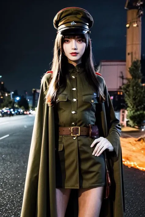 (otherworldly), highly insanely detailed, masterpiece, top quality, best quality, highres, 4k, 8k, RAW photo, (very aesthetic, beautiful and aesthetic), 1girl, solo, cowboy shot, ((IJA Taisho, khaki uniform, IJA officer,)), IJA peaked cap,cloak,black long boots, hand on hip,small breasts, narrow waist, black hair, long hair, hime cut, blunt bangs, red eyes, smug,evil smile, <lora:IJAuniform-v1:0.9>, white gloves, holster, leather belt pouch, ruined city, ruined street, on fire, night sky,, (fantasy world)