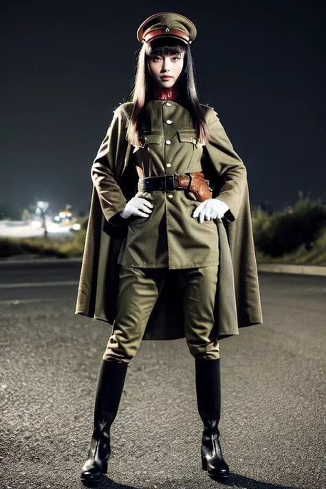 (otherworldly), highly insanely detailed, masterpiece, top quality, best quality, highres, 4k, 8k, RAW photo, (very aesthetic, beautiful and aesthetic), 1girl, solo, cowboy shot, ((IJA Taisho, khaki uniform, IJA officer,)), IJA peaked cap,cloak,black long boots, hand on hip,small breasts, narrow waist, black hair, long hair, hime cut, blunt bangs, red eyes, smug,evil smile, <lora:IJAuniform-v1:0.9>, white gloves, holster, leather belt pouch, ruined city, ruined street, on fire, night sky,, (fantasy world)