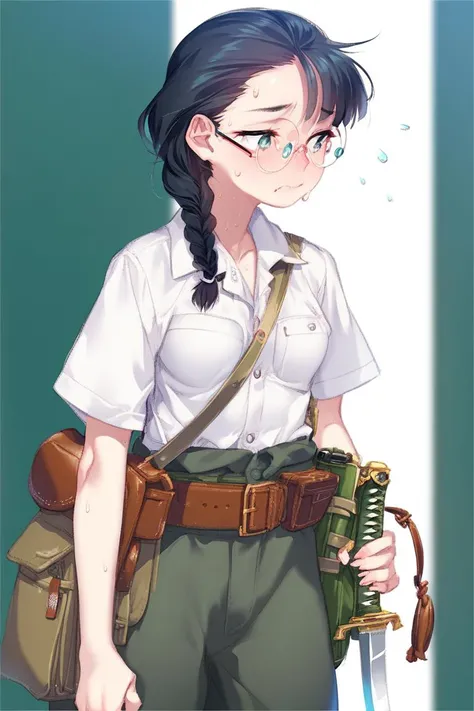 score_9,score_8_up,score_7_up,artbook,game cg,1girl,solo,cowboy shot,small breasts,black hair,twin braid,round eyewear,exhausted,sweat,flustered,bag, green_background, weapon, pouch, shirt, shoulder_bag, sword, belt, collared_shirt,IJA Showa,IJA officer,short sleeve,open collar shirt,holding sword,holding katana,
katana,<lora:Koume_Keito_PonyXL_dim32:0.8:lbw=0.8,0,0,0,0,0,0.8,0.8,0.8,0.8,0.8,0.75>,<lora:IJAuniformXLv1:1>,