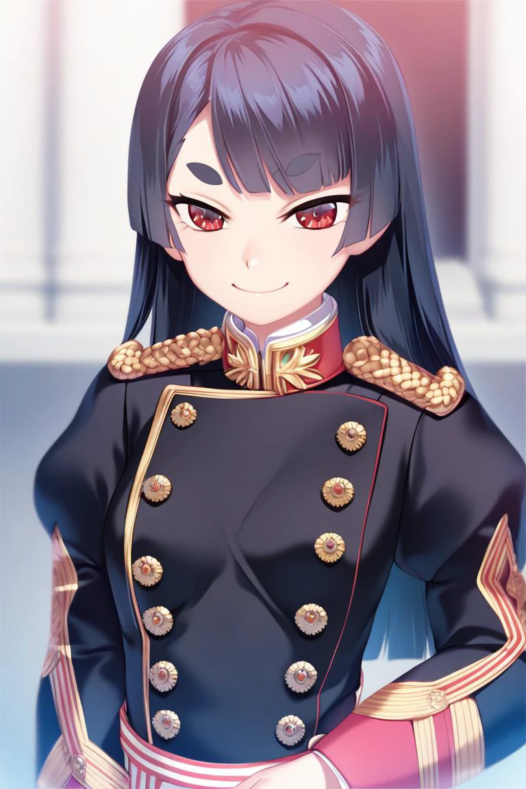 score_9,score_8_up,score_7_up,artbook,game cg,1girl,solo,cowboy shot,upper body,court uniform,black uniform,double breasted,austrian knots sleeve,small breasts,narrow waist,black long hair,blunt bangs,red eyes,evil smile,light smile,swept bangs,indoors,palace,courtroom,
<lora:Koume_Keito_PonyXL_dim32:0.8:lbw=0.8,0,0,0,0,0,0.8,0.8,0.8,0.8,0.8,0.75>,<lora:IJAuniformXLv1:1>,oval face,short eyebrows,