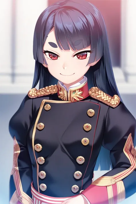 score_9,score_8_up,score_7_up,artbook,game cg,1girl,solo,cowboy shot,upper body,court uniform,black uniform,double breasted,austrian knots sleeve,small breasts,narrow waist,black long hair,blunt bangs,red eyes,evil smile,light smile,swept bangs,indoors,palace,courtroom,
<lora:Koume_Keito_PonyXL_dim32:0.8:lbw=0.8,0,0,0,0,0,0.8,0.8,0.8,0.8,0.8,0.75>,<lora:IJAuniformXLv1:1>,oval face,short eyebrows,