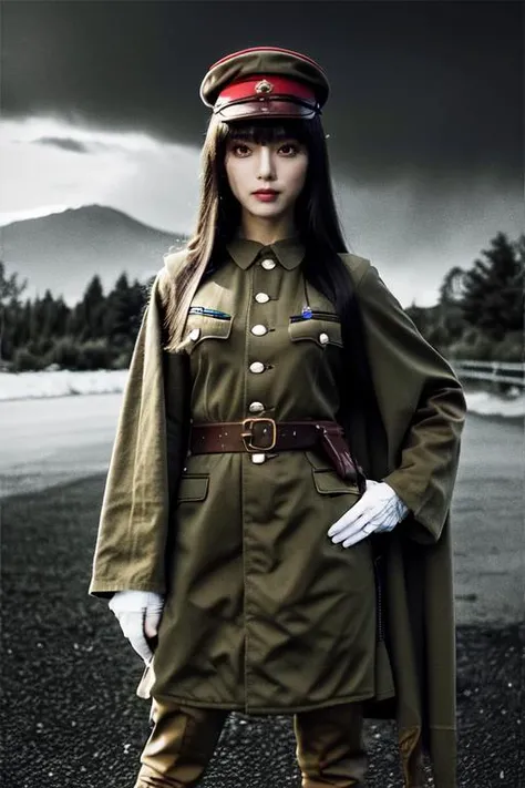 (otherworldly), highly insanely detailed, masterpiece, top quality, best quality, highres, 4k, 8k, RAW photo, (very aesthetic, beautiful and aesthetic), 1girl, solo, cowboy shot, ((IJA Taisho, khaki uniform, IJA officer,)), IJA peaked cap,cloak,black long boots, hand on hip,small breasts, narrow waist, black hair, long hair, hime cut, blunt bangs, red eyes, smug,evil smile, <lora:IJAuniform-v1:0.9>, white gloves, holster, leather belt pouch, ruined city, ruined street, on fire, night sky,, (fantasy world)
