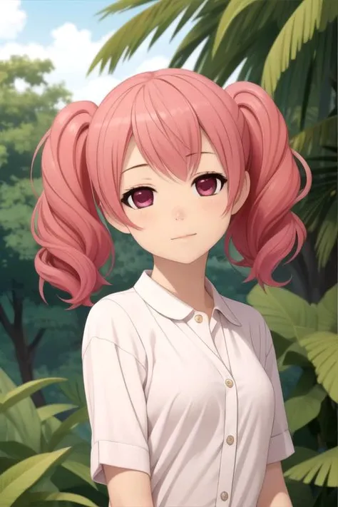 masterpiece, best quality, photorealistic, 1girl, solo, looking at viewer, upper body, , , realistic, <lora:karuta_roromiya:0.74>, karuta_roromiya, pink hair, pink eyes, twintails, , jungle,