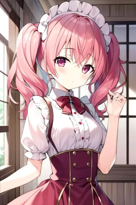 masterpiece, best quality, , 1girl, solo, looking at viewer, upper body, depth of field, , , <lora:karuta_roromiya:0.68>, karuta_roromiya, pink hair, pink eyes, twintails, french costume, workshop, 4k resolution