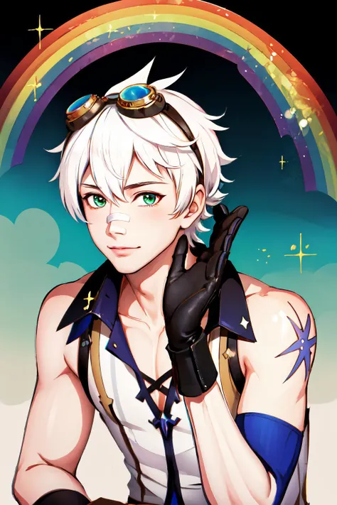 Highly detailed, High Quality, Masterpiece, beautiful, ImaginationSpongebob, <lora:ImaginationSpongebob:0.8>, 1boy, solo, green eyes, black gloves, bandaid, goggles, bandaid on face, goggles on head, bandaid on nose, sleeveless, white hair, <lora:Char_GenshinImpact_Bennett:0.8>, rainbow