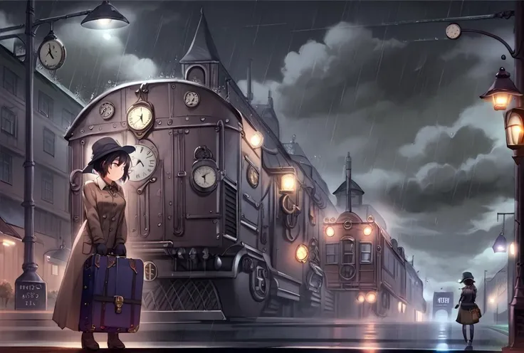 score_9, score_8_up, score_7_up,BREAK overalldetail, <lora:steampunk:0.8>,
steampunk,steampunk anime,, 1girl, rain, hat, train, gloves, solo, clock, short hair, train station, suitcase, ground vehicle, night, pantyhose, cloud, outdoors, steampunk, clock tower, sky, cloudy sky, lamppost, coat, railroad tracks, black hair, black gloves, building,