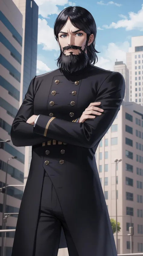 solo, standing, looking at viewer, cowboy shot, outdoors, city, <lora:zs_Rasputin:1> rasputindsrk, beard, mustache, gakuran, long sleeves, pants, crossed arms