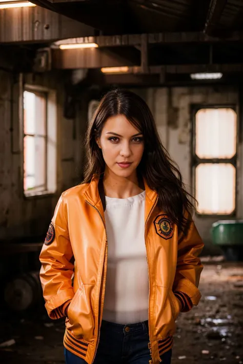A stunning intricate full color portrait of a beautiful woman, adorned in an orange jacket, in a murky storeroom, dark hair, epic character composition,by ilya kuvshinov, alessio albi, nina masic,sharp focus, subsurface scattering, f2, 35mm, film grain <lora:CarolinaAbril:1>