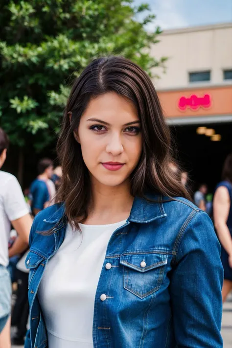 A full color portrait of a beautiful woman, wearing an indigo denim jacket over a summer dress, full comic con, crowded, shy, epic character composition,by ilya kuvshinov, alessio albi, nina masic,sharp focus, subsurface scattering, f2, 35mm, film grain ,sexy latina <lora:CarolinaAbril:1>