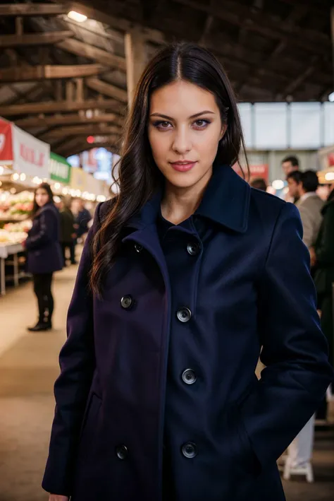 A stunning intricate full color portrait of a beautiful woman, wearing a navy blue coat, at a food fair, dark hair, epic character composition,by ilya kuvshinov, alessio albi, nina masic,sharp focus, subsurface scattering, f2, 35mm, film grain <lora:CarolinaAbril:1>