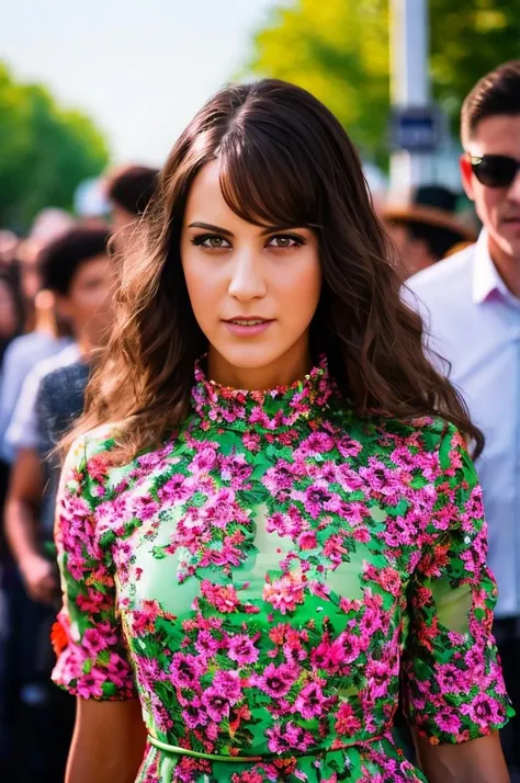 A stunning intricate full color portrait of a woman,wearing a long high neck floral dress, crowded street, spectators, having fun, epic character composition,by ilya kuvshinov, alessio albi, nina masic,sharp focus, natural lighting, subsurface scattering, f2, 35mm, film grain, portait, closeup, very detailed skin texture <lora:CarolinaAbril:1>