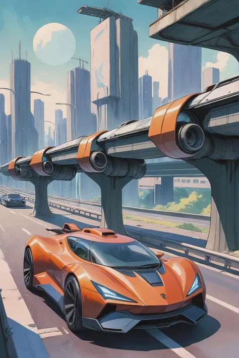 anime style watercolor, sharp outlines, A quantum hovercar on an elevated highway in a city<lora:EnvyStarlightAnime06:1>