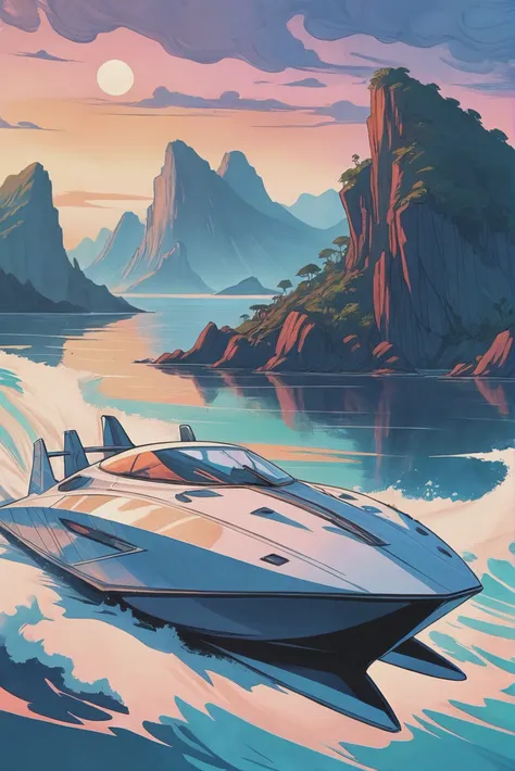 anime style watercolor, sharp outlines, A sleek, aerodynamic, futuristic, speedboat at sea with islands in the background<lora:EnvyStarlightAnime06:1>