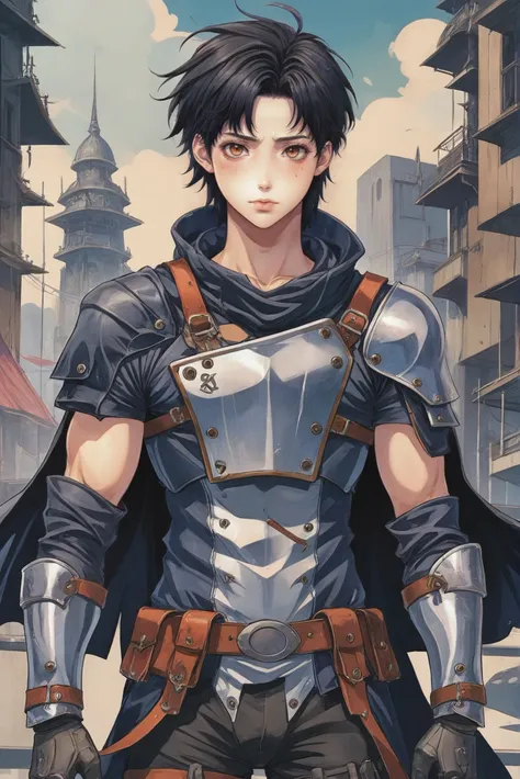 anime style watercolor, sharp outlines, (full body:1.2), 1boy, man, handsome, solo, [:outlandish costume design,:0.2] warrior, (steampunk chainmail armor,gauntlets,pauldrons,bracers,chestplate:1.2), caucasian, navy hair, (average:1) build, a soaring,techno-optimist scifi sprawling metropolis at the beginning of the universe, masterpiece<lora:EnvyStarlightAnime06:1>