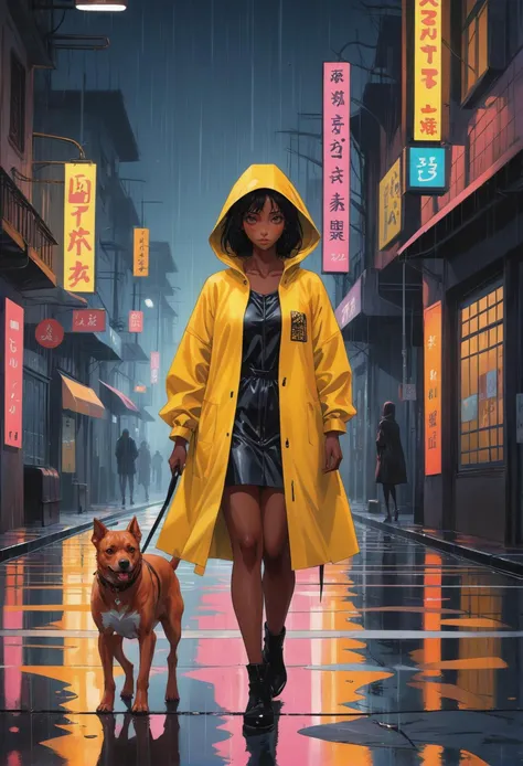 (Trad Goth aesthetics, anime style ink and wash, sharp outlines), a rainy city street, a dexterous Mozambican woman in a yellow raincoat walking her dog under a flickering neon sign, the reflection shimmering on the wet pavement, color-blocking colors, stunning background. dark and moody, a mesmerizing blend of light and shadow. masterpiece, absurdres, intricate details. <lora:envyStarlightAnime06_06v10:0.8>