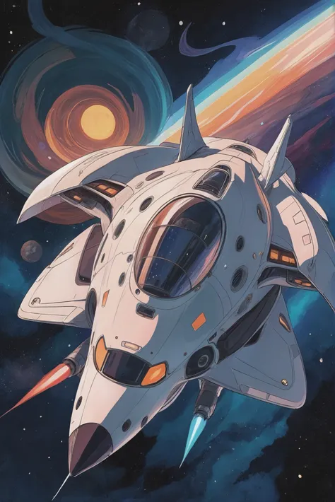 anime style watercolor, sharp outlines, A luxurious, futuristic, space yacht in close orbit above a star<lora:EnvyStarlightAnime06:1>