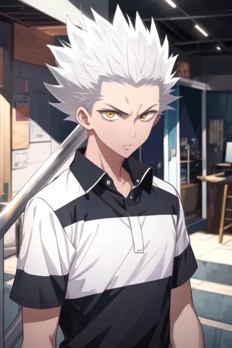 masterpiece, best quality, illustration, 1boy, solo, male focus, looking at viewer, upper body, , anime coloring, , <lora:wolf_blood_lad:0.80>, wolf_blood_lad, white hair, yellow eyes, spiked hair, , science fiction cyber-thriller, HD