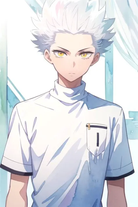 masterpiece, best quality, illustration, 1boy, solo, male focus, looking at viewer, upper body, depth of field, (watercolor illustration, soft pastel colors:1.1), , <lora:wolf_blood_lad:0.70>, wolf_blood_lad, white hair, yellow eyes, spiked hair, turtleneck, , , HDR