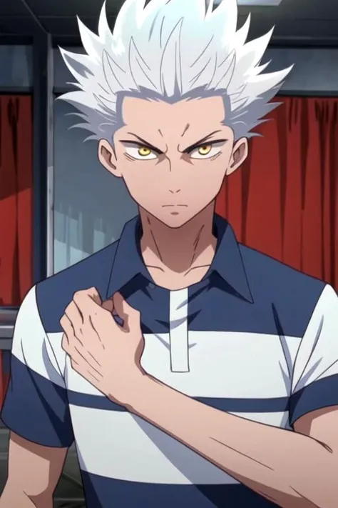masterpiece, best quality, game cg, 1boy, solo, male focus, looking at viewer, upper body, , ligne claire, , <lora:wolf_blood_lad:0.76>, wolf_blood_lad, white hair, yellow eyes, spiked hair, , , science fiction western,