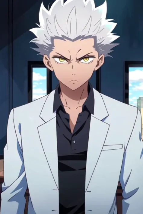 masterpiece, best quality, , 1boy, solo, male focus, looking at viewer, upper body, , , , <lora:wolf_blood_lad:0.70>, wolf_blood_lad, white hair, yellow eyes, spiked hair, suit jacket, homburg, , 16k resolution