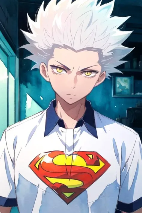 masterpiece, best quality, illustration, 1boy, solo, male focus, looking at viewer, upper body, depth of field, (watercolor illustration, soft pastel colors:1.1), , <lora:wolf_blood_lad:0.80>, wolf_blood_lad, white hair, yellow eyes, spiked hair, superman costume, , 32k resolution