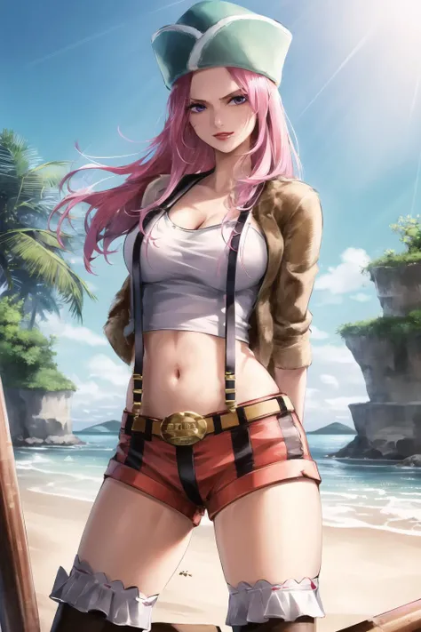 HDR, CG, sharp focus,(8k), (4k), (Masterpiece), (Best Quality), fantasy, extremely detailed, intricate, hyper detailed, (perfect face), illustration,soft lighting, highres, absurdres,best quality, jewelry bonney, lipstick, purple eyes, pink hair, long hair, green hat, white tank top, suspenders, brown jacket, thighhighs, striped shorts, brown boots, straight hair, standing, spread legs, arms behind back, (cowboy_shot), sky