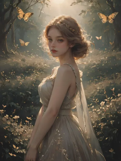 score_9,score_8_up,score_7_up,
Create an illustration of a young woman standing elegantly in a forest glade,bathed in the gentle,golden light of the setting sun,surrounded by fluttering butterflies,evoking a sense of timeless beauty and grace,in a style inspired by John William Waterhouse,The girl stands with a gentle turn of her shoulders,her head slightly bowed,and her eyes cast downward in a contemplative gaze,She exudes a serene,introspective expression,with a touch of melancholy and tranquility,She has long,flowing golden hair that cascades in soft waves around her shoulders,her complexion is porcelain with a subtle blush,her eyes are a deep,soulful hazel,and she wears a flowing,classical gown with delicate,intricate details,reminiscent of ancient Greek attire,The scene is immersed in the soft,warm glow of the golden hour,creating a painterly effect with rich,deep shadows,butterflies flutter gracefully around her,adding a touch of liveliness,The background is a blend of lush greenery and soft-focus trees,enhancing the classical and timeless feel of the painting,