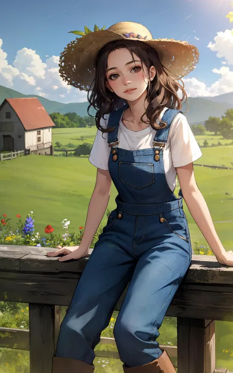 (quaint countryside setting, summer day), young adult woman, rustic casual summer fashion, (sitting on a wooden fence), thoughtful and serene pose, shoulder-length curly hair, light, sun-kissed makeup, (denim overalls over a simple white t-shirt), comfortable boots, (holding a straw hat), (background: rolling hills, a distant barn, wildflowers), soft sunlight, (sense of relaxation and connection with the rural landscape) (masterpiece:1.2)