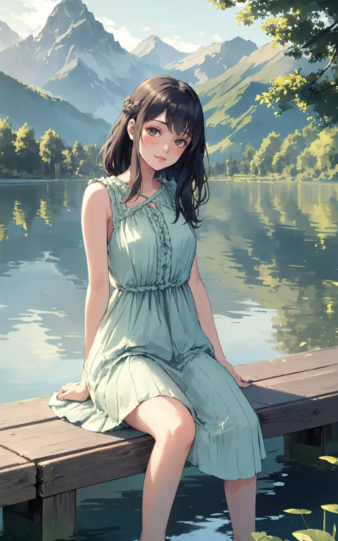 (scenic outdoor lake setting), (sunlit pier), young adult woman, casual summer fashion, ((dipping legs into the lake)), relaxed pose, breezy hairstyle, subtle makeup, (lightweight fabric, flowing dress), nature-inspired colors, serene expression, (background: lush greenery, distant mountains), warm afternoon light, (sense of tranquility and connection with nature) (masterpiece:1.2)